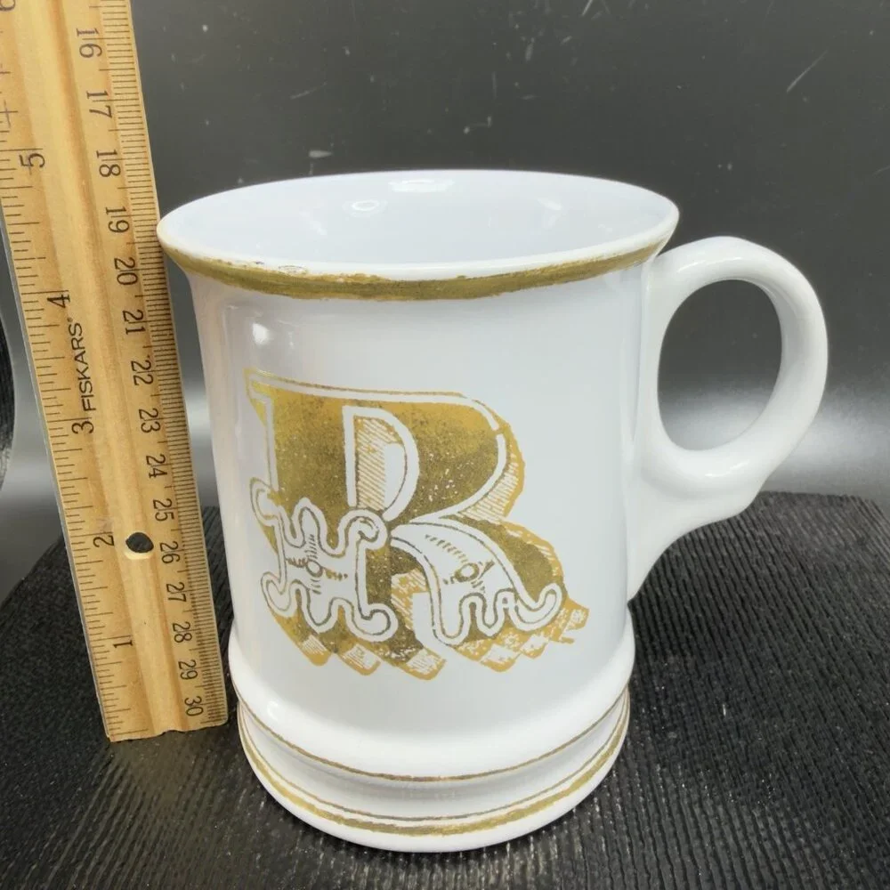 Williams Sonoma Brushed Gold Monogram Letter R Ceramic White Gold Coffee Mug Cup